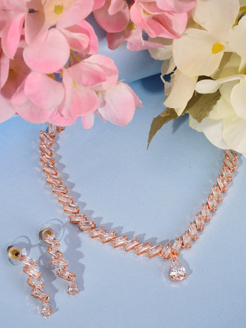 Rose Gold Plated AD Studded Zig Zag Minimal Necklace Jewellery Set