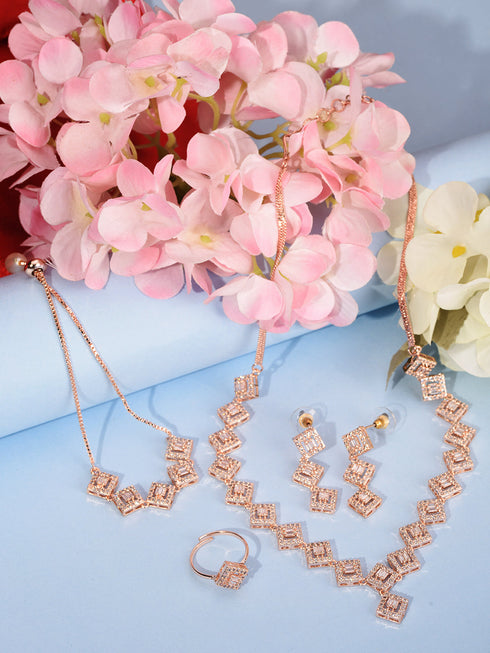 Rose Gold Plated AD Studded Square Shaped Jewellery Set Combo Ring & Bracelet