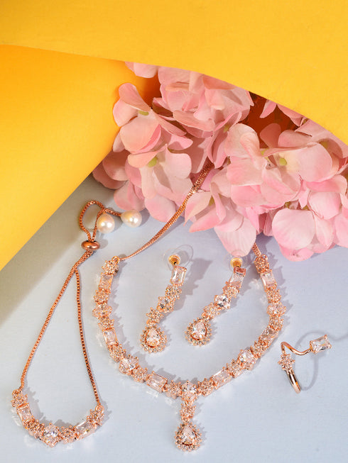 Rose Gold Plated AD Studded Designer Jewellery Set Combo