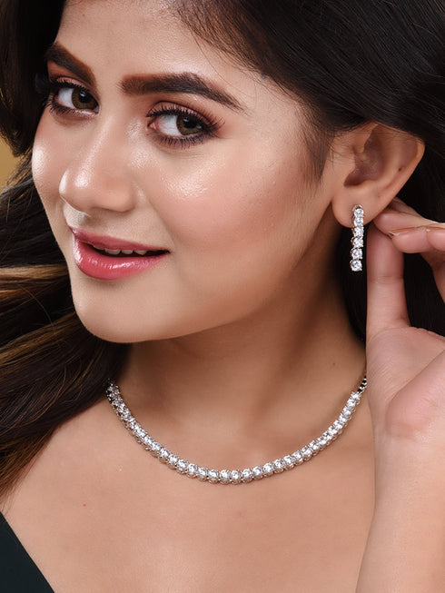 White Rhodium Plated AD studded Necklace Earrings Jewellery Set