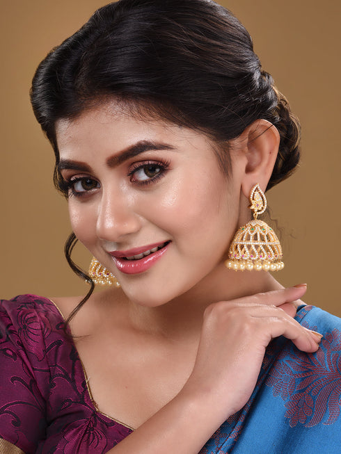 Gold Plated White AD studded handcrafted Dome shaped Jhumkas