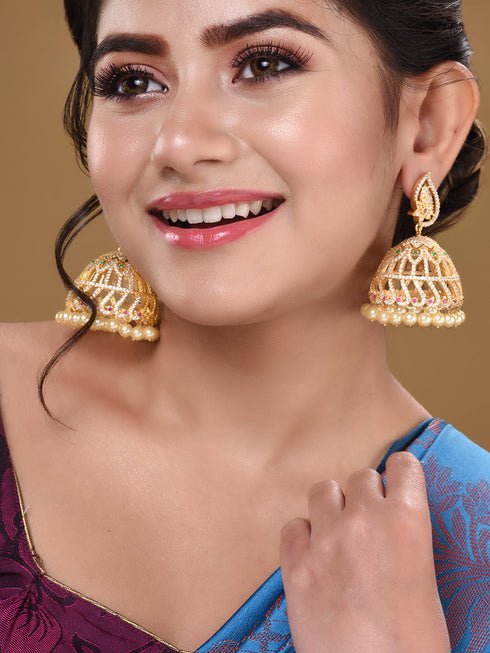 Gold Plated White AD studded handcrafted Dome shaped Jhumkas