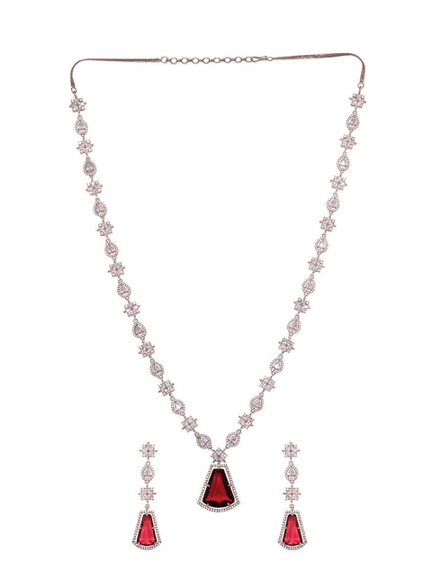 Silver Toned Red AD studded Luxe Haram Necklace Jewellery Set