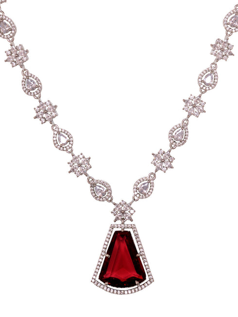 Silver Toned Red AD studded Luxe Haram Necklace Jewellery Set