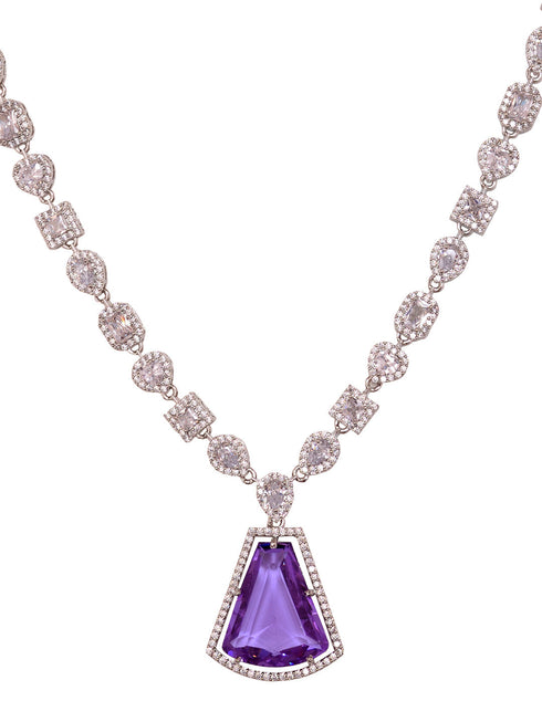 Silver Toned Lavender AD Studded Necklace Jewellery Set