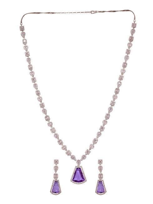 Silver Toned Lavender AD Studded Necklace Jewellery Set