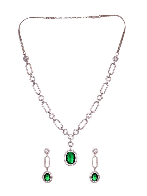 Silver Plated Green AD Studded Statement Link Necklace Jewellery Set