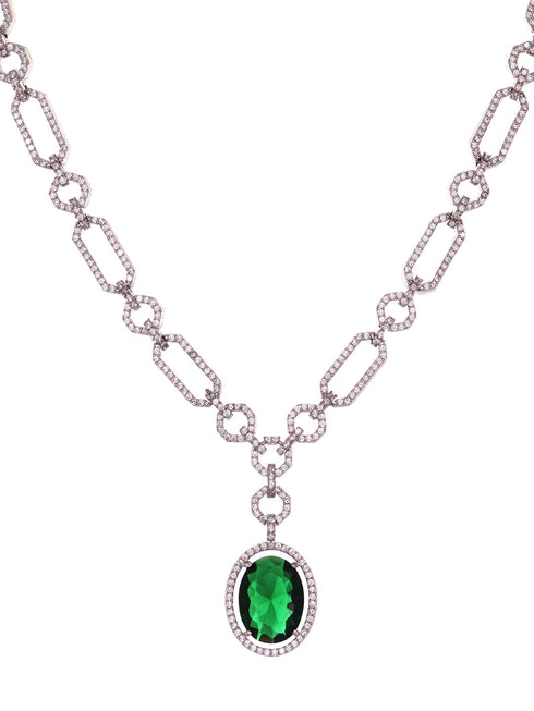 Silver Plated Green AD Studded Statement Link Necklace Jewellery Set