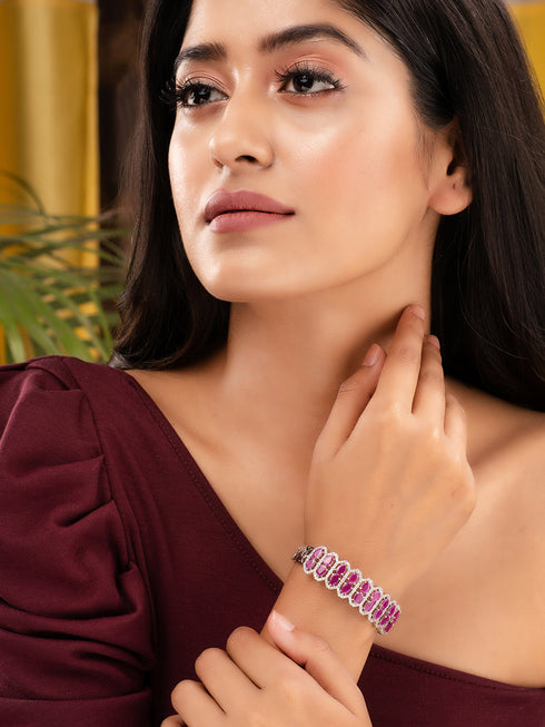 Silver Plated Fuschia Studded Statement Kada Bracelet