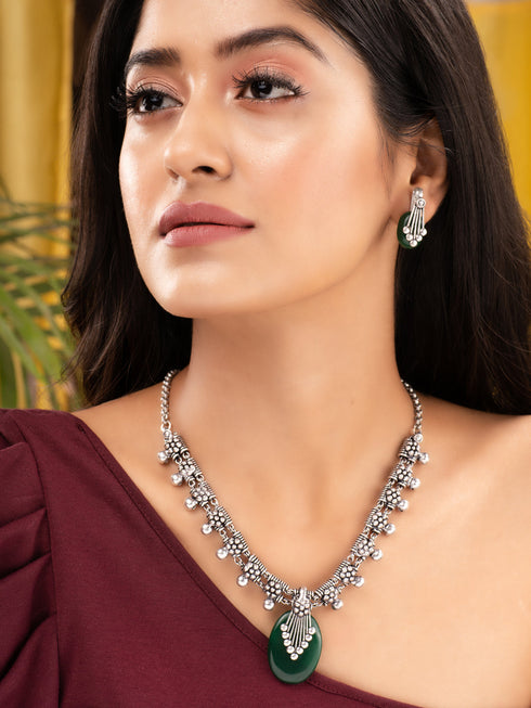 Oxidised Silver Plated Green stone studded Statement Necklace Jewellery Set