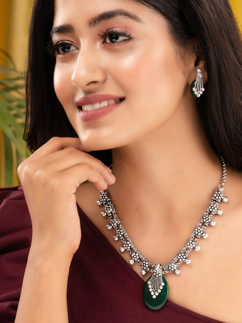 Oxidised Silver Plated Green stone studded Statement Necklace Jewellery Set