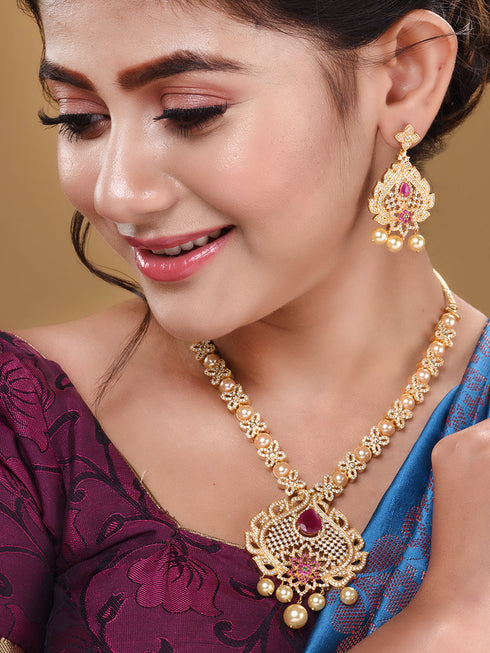 Gold Plated Red AD & Pearl studded Pendant Necklace and Earrings Set