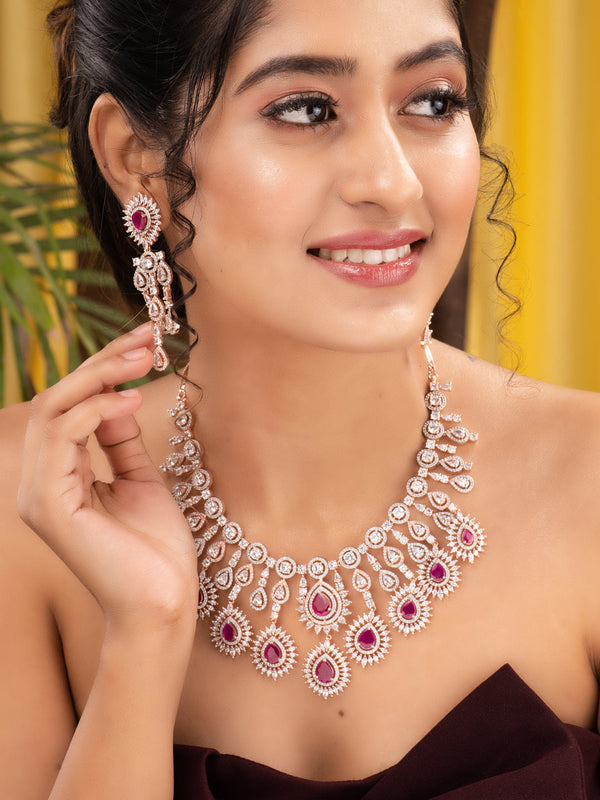 Rose Gold Toned Pink AD Studded Statement Necklace jewellery Set
