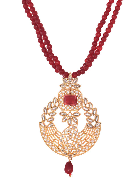 Gold Plated Polki AD studded Red Beads Maala Necklace Set