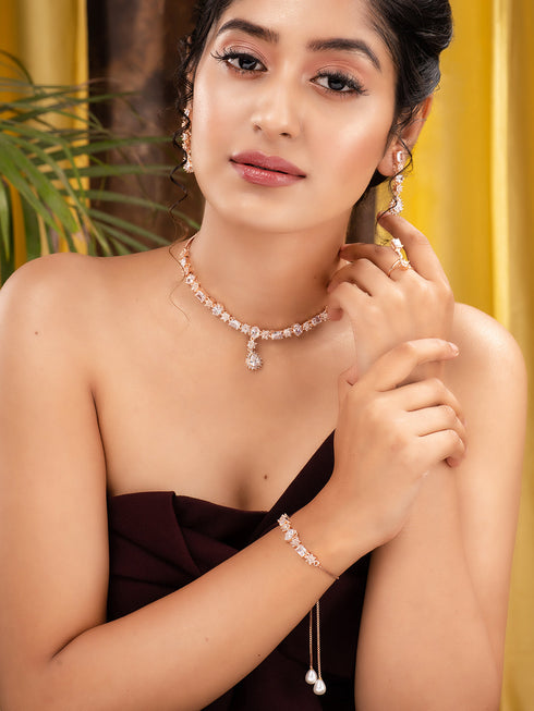 Rose Gold Plated AD Studded Designer Jewellery Set Combo
