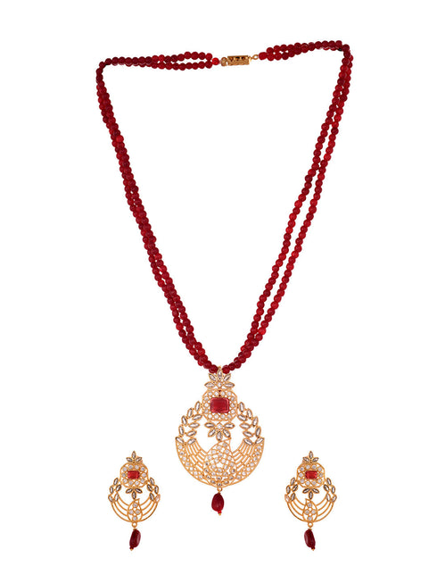 Gold Plated Polki AD studded Red Beads Maala Necklace Set