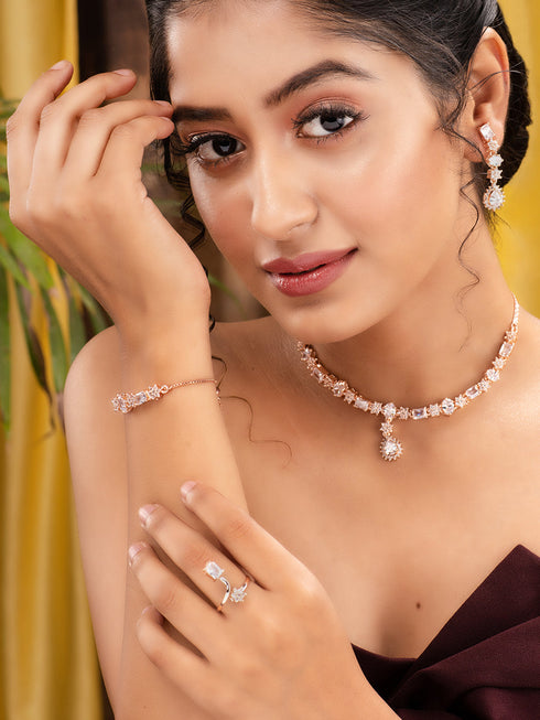 Rose Gold Plated AD Studded Designer Jewellery Set Combo