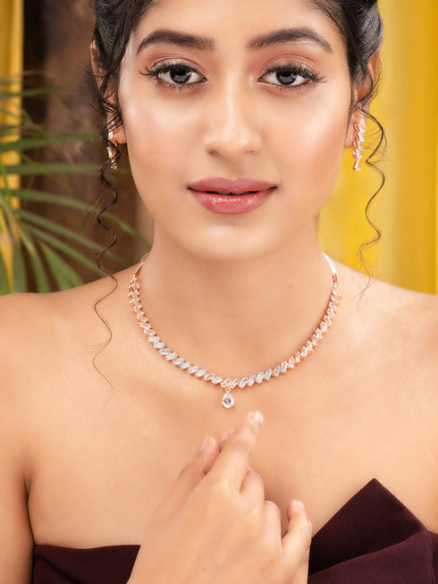 Rose Gold Plated AD Studded Zig Zag Minimal Necklace Jewellery Set