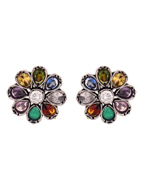 Silver Oxidised Navratan Minimal stud Earring