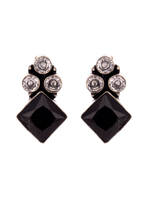 Silver Oxidised Black stone studded Minimal studd Earring