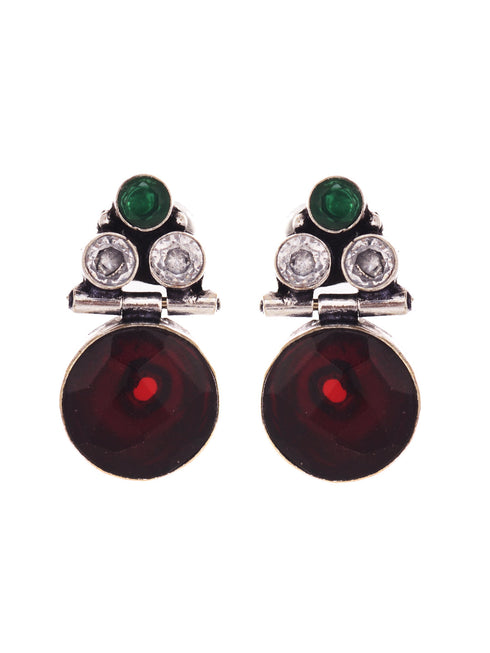 Silver Oxidised Ruby Red Drop Minimal Earring