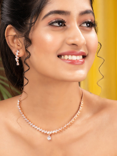 Rose Gold Plated AD Studded Zig Zag Minimal Necklace Jewellery Set