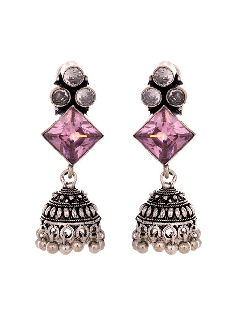 Silver Oxidised Pink Stone Jhumki Minimal Earring