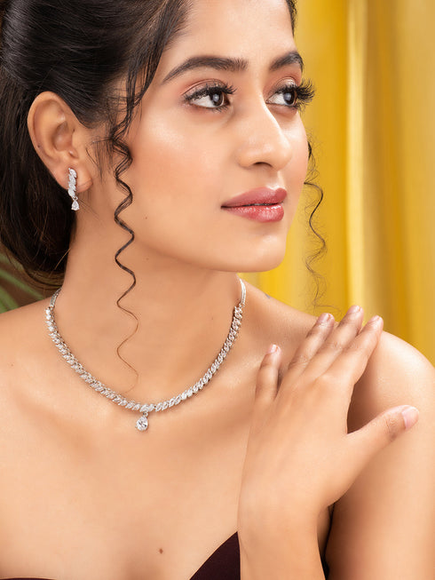 White Rhodium Plated AD Studded Zig Zag Minimal Necklace Jewellery Set