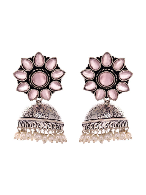 Siver Oxidised Pink AD Pearl studded Handmade Jhumka Earring