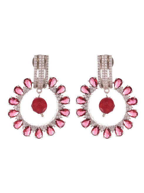 Silver Plated Red AD studded Statement Hoop Earring