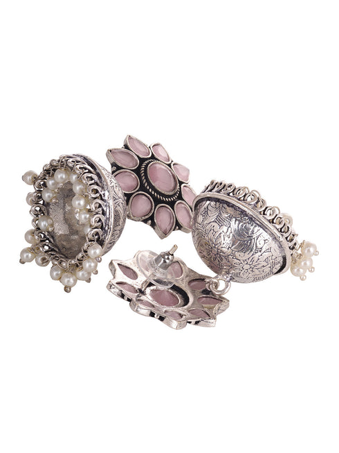 Siver Oxidised Pink AD Pearl studded Handmade Jhumka Earring