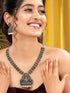 Oxidised Silver toned Green stone Studded Temple Necklace Jewellery Set