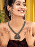 Oxidised Silver toned Green stone Studded Temple Necklace Jewellery Set