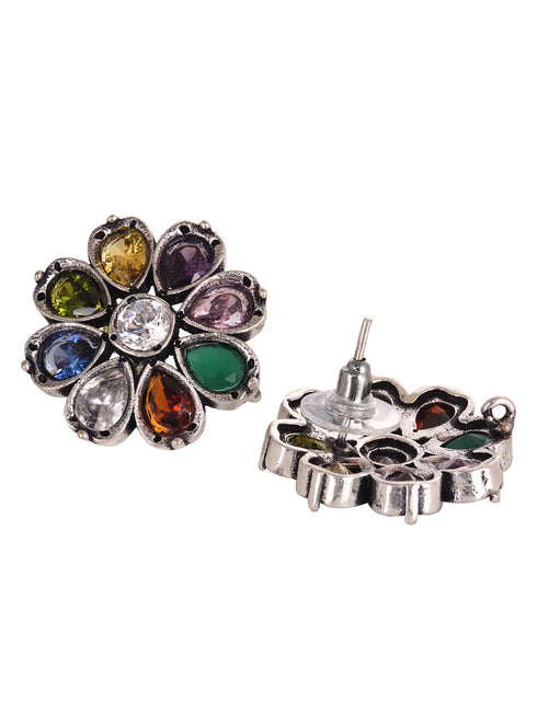 Silver Oxidised Navratan Minimal stud Earring