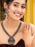 Oxidised Silver toned Green stone Studded Temple Necklace Jewellery Set