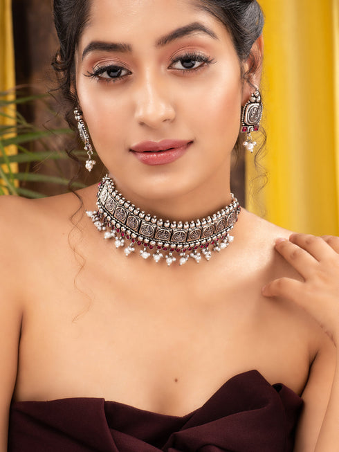 Oxidised Silver Plated Red stone studded Choker Necklace Jewellery Set