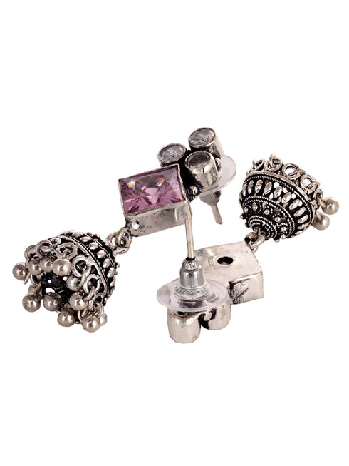 Silver Oxidised Pink Stone Jhumki Minimal Earring