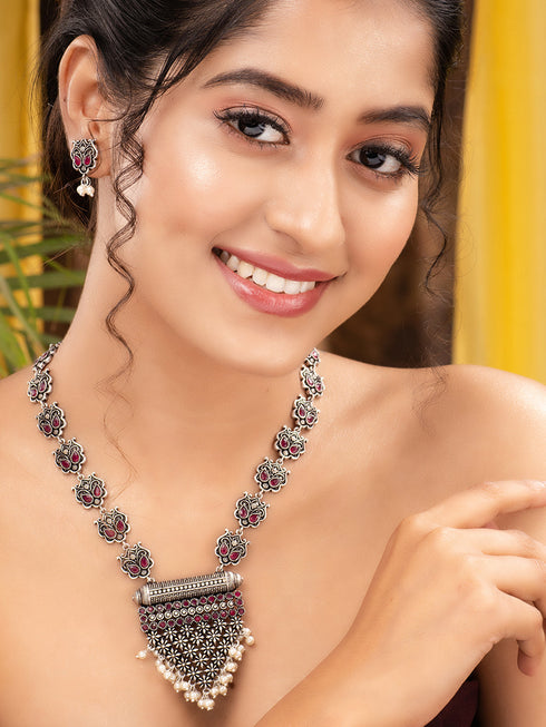 Oxidised Silver Plated Red stone Studded & Pearl Beaded Tribal Necklace Jewellery Set