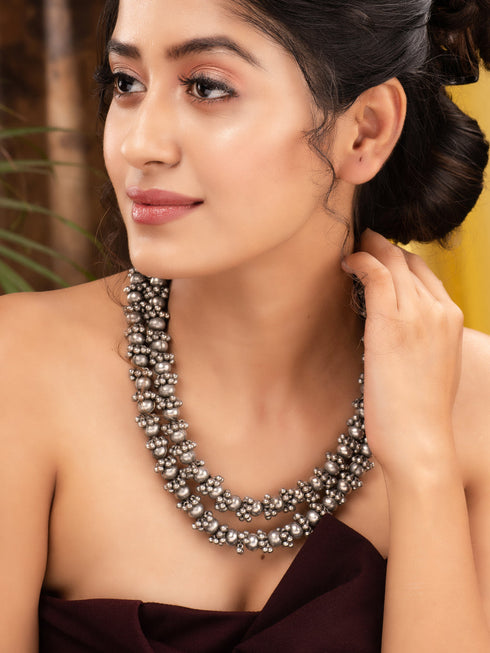 Oxidised Silver Plated Layered Ghugroo Necklace Chain
