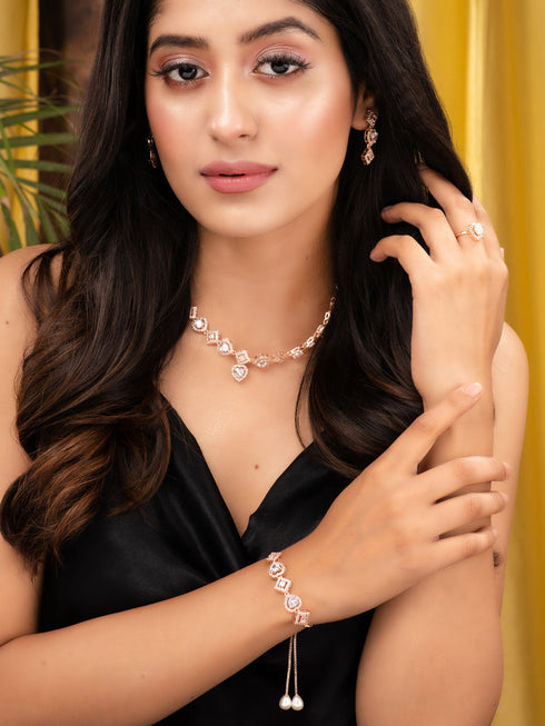 Rose gold Toned AD Studded Minimal Necklace Jewellery Set Combo Wraparound Bracelet