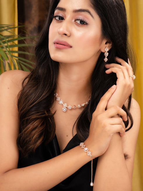 Rose gold Toned AD Studded Minimal Necklace Jewellery Set Combo Wraparound Bracelet