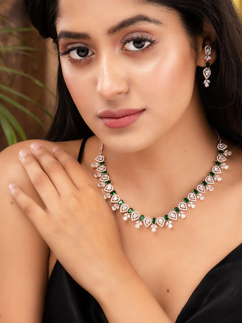 Rose Gold Plated Green AD Studded Floral Necklace Jewellery Set
