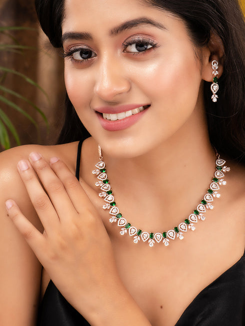 Rose Gold Plated Green AD Studded Floral Necklace Jewellery Set