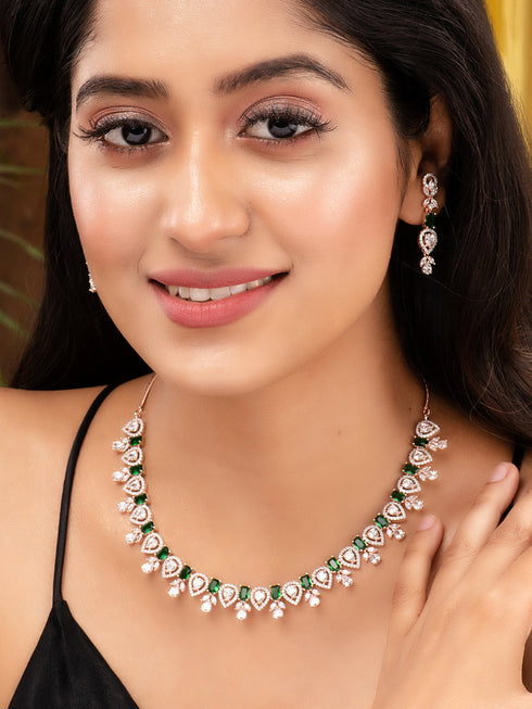 Rose Gold Plated Green AD Studded Floral Necklace Jewellery Set
