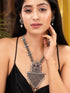 Oxidised Silver Toned Red Stone Studded & Beaded Designer Necklace Jewellery Set