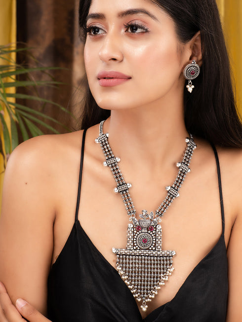 Oxidised Silver Toned Red Stone Studded & Beaded Designer Necklace Jewellery Set