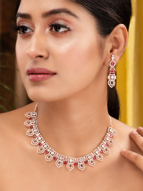 Rose Gold Toned Red AD Studded Necklace Jewellery Set