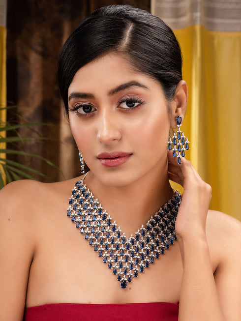 Silver Plated Blue Sapphire AD Studded Statement Necklace Jewellery set