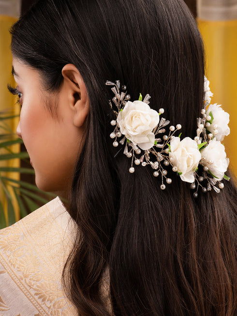 White Rose Pearl Beaded Designer Hair Accessory