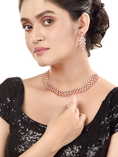 Rose Gold plated Unique Design AD studded Necklace Earrings